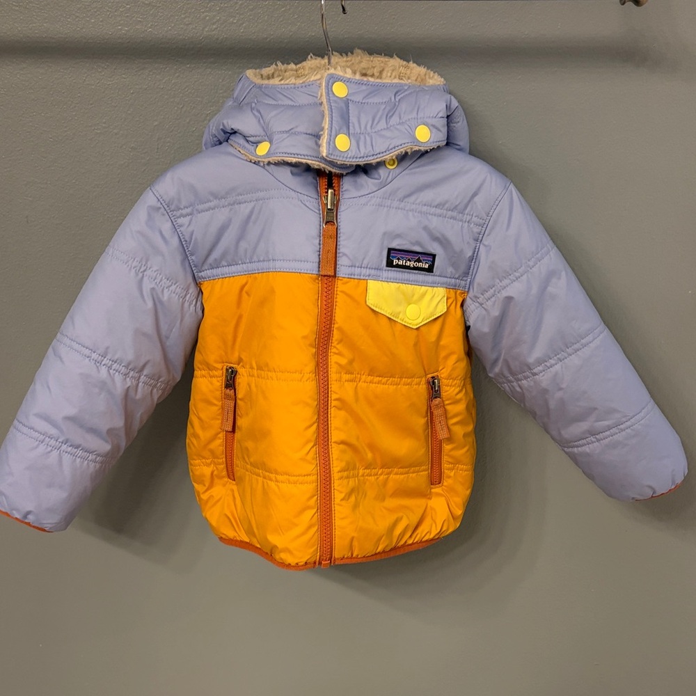 Patagonia Toddler Two-Tone Reversible Puffer Jacket in Lavender & Mustard Yellow